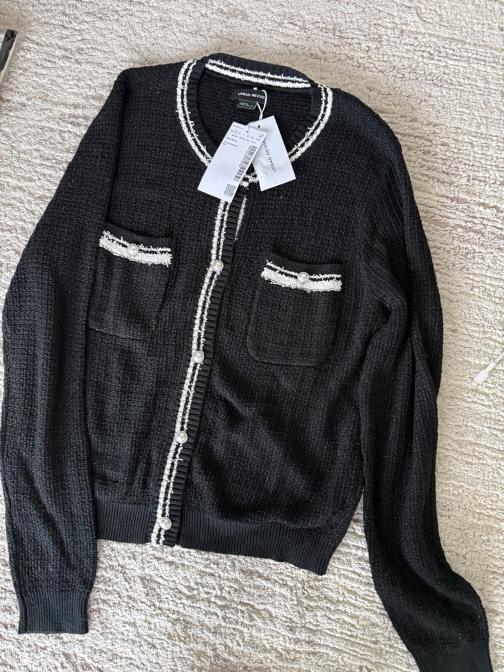 Urban Revivo Black Tweed-Trim Cardigan Jacket
